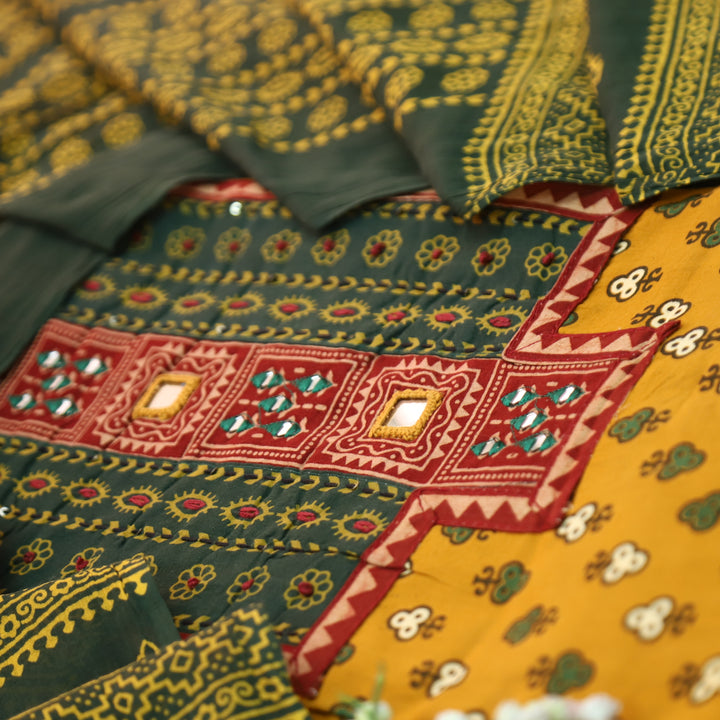 Suhani Turmeric Yellow Mirror Neck Work Yoke  in Ajrak Printed Cotton Suit Set-D1