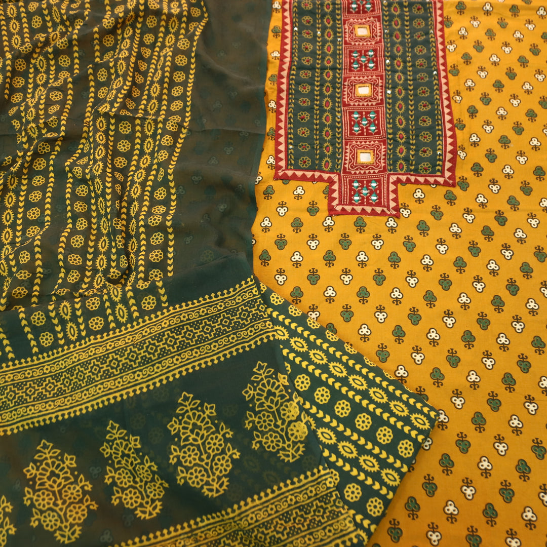 Suhani Turmeric Yellow Mirror Neck Work Yoke  in Ajrak Printed Cotton Suit Set-D1