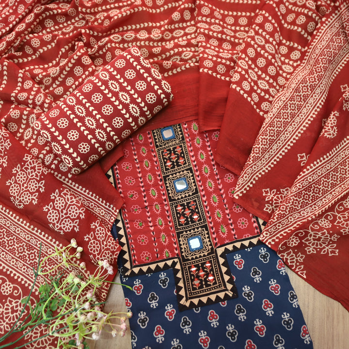 Suhani Denim Blue Mirror Neck Work Yoke  in Ajrak Printed Cotton Suit Set-D1