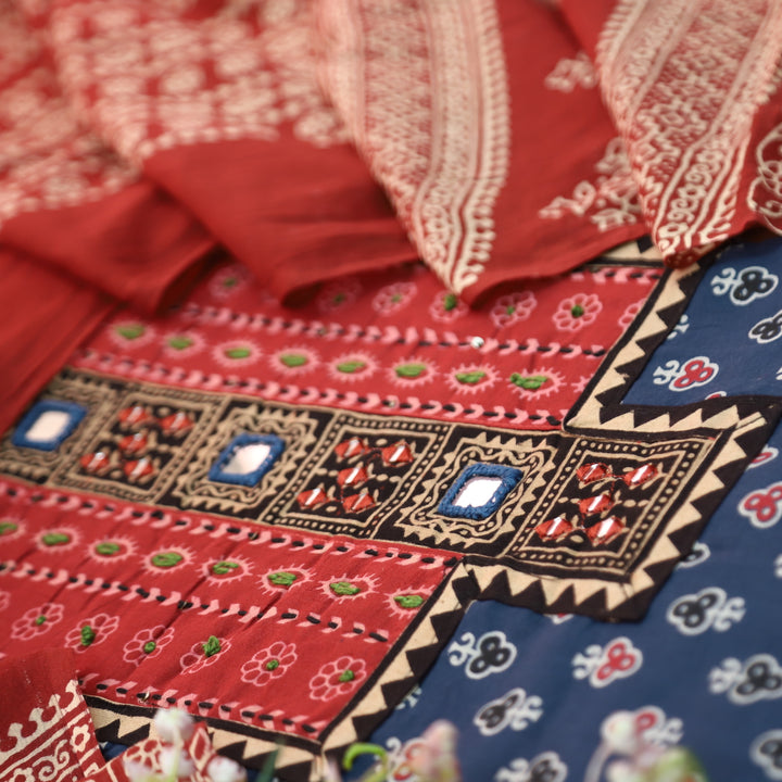 Suhani Denim Blue Mirror Neck Work Yoke  in Ajrak Printed Cotton Suit Set-D1