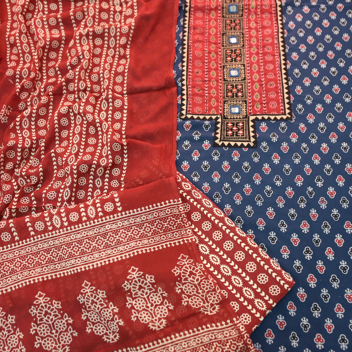 Suhani Denim Blue Mirror Neck Work Yoke  in Ajrak Printed Cotton Suit Set-D1