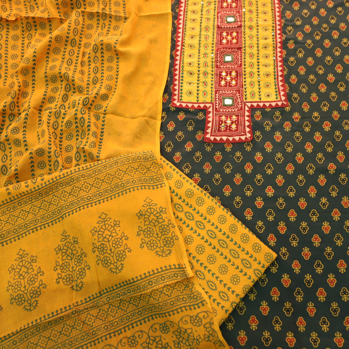Suhani Pine Green Mirror Neck Work Yoke in Ajrak Printed Cotton Suit Set-D1