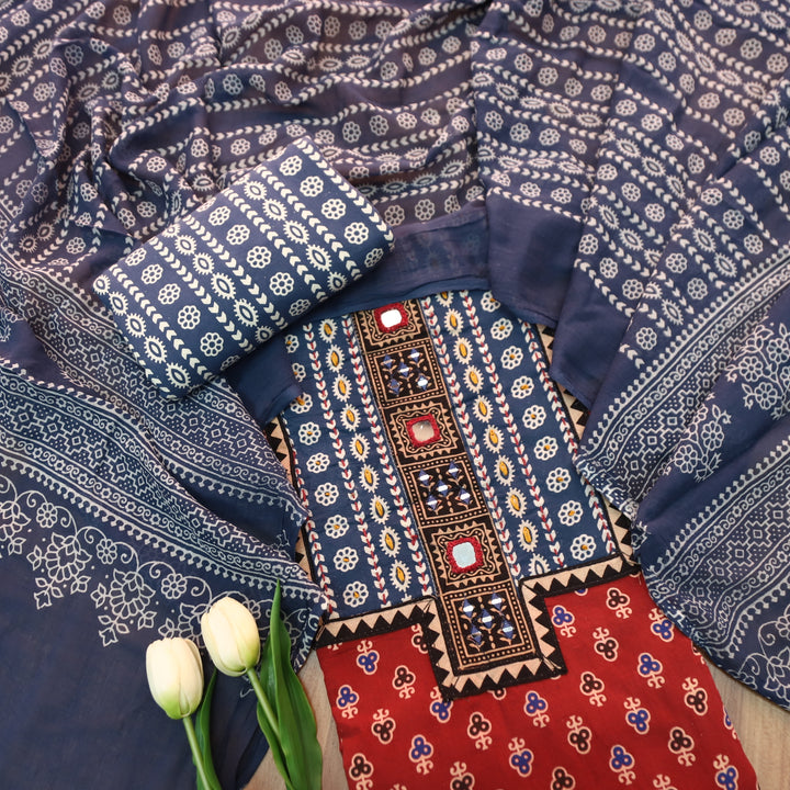 Suhani Apple Red Mirror Neck Work Yoke in Ajrak Printed Cotton Suit Set-D1