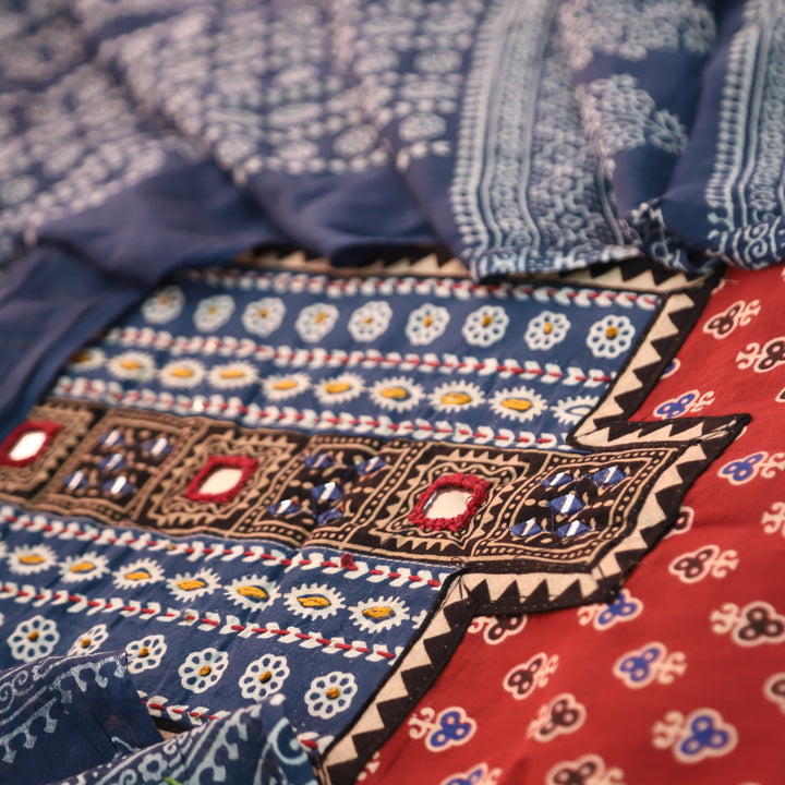 Suhani Apple Red Mirror Neck Work Yoke in Ajrak Printed Cotton Suit Set-D1