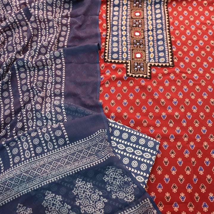 Suhani Apple Red Mirror Neck Work Yoke in Ajrak Printed Cotton Suit Set-D1