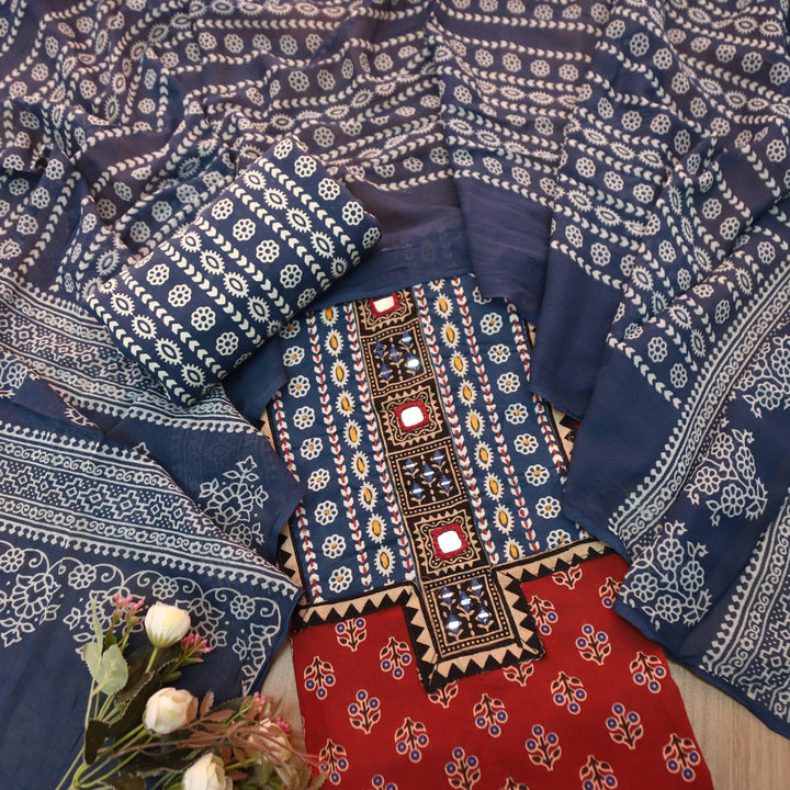 Suhani Apple Red Mirror Neck Work Yoke in Ajrak Printed Cotton Suit Set-D2