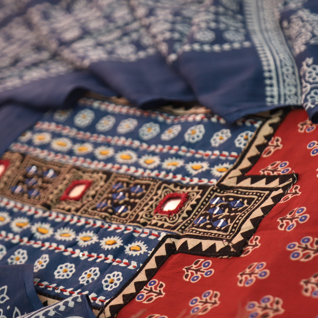 Suhani Apple Red Mirror Neck Work Yoke in Ajrak Printed Cotton Suit Set-D2