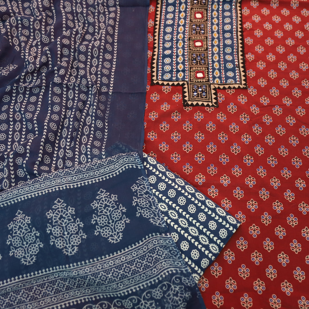 Suhani Apple Red Mirror Neck Work Yoke in Ajrak Printed Cotton Suit Set-D2