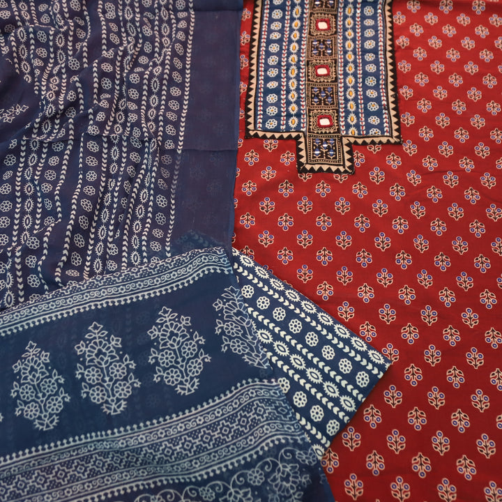 Suhani Apple Red Mirror Neck Work Yoke in Ajrak Printed Cotton Suit Set-D2