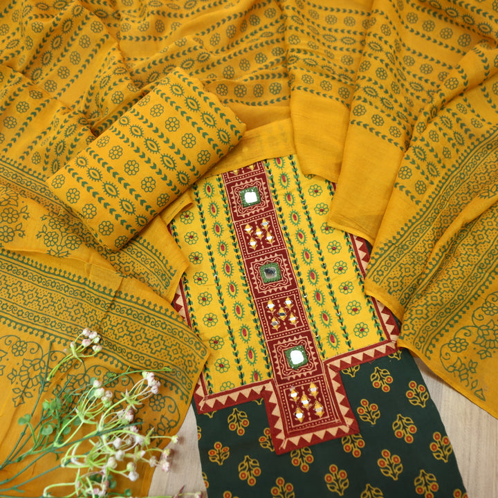 Suhani Pine Green Mirror Neck Work Yoke in Ajrak Printed Cotton Suit Set-D2