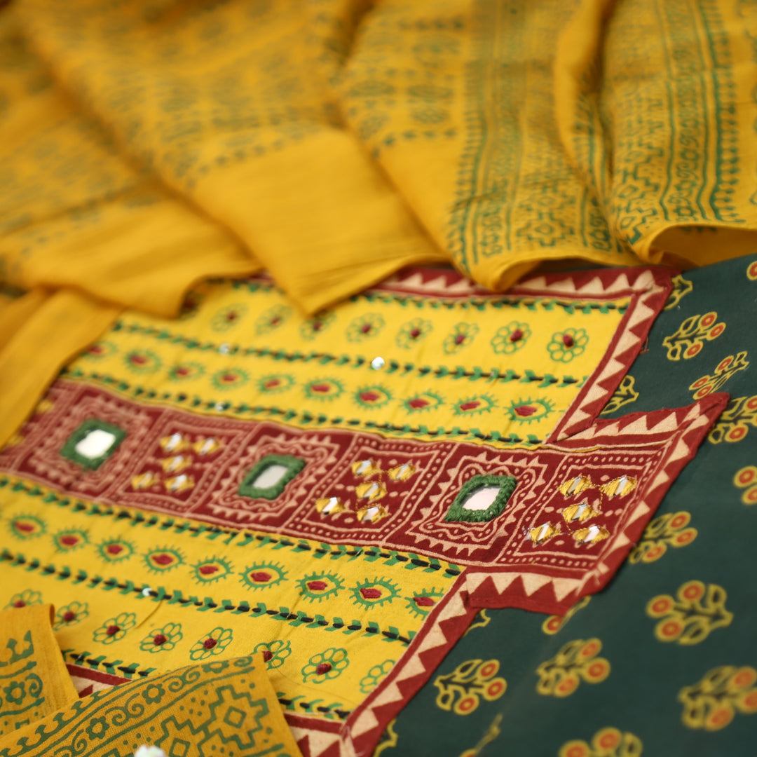Suhani Pine Green Mirror Neck Work Yoke in Ajrak Printed Cotton Suit Set-D2