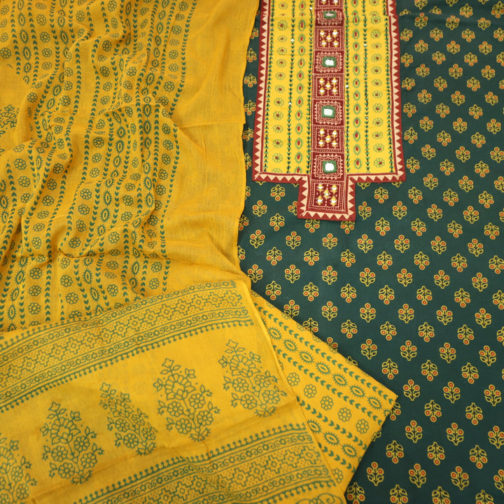 Suhani Pine Green Mirror Neck Work Yoke in Ajrak Printed Cotton Suit Set-D2