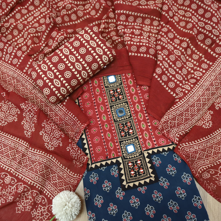 Suhani Denim Blue Mirror Neck Work Yoke  in Ajrak Printed Cotton Suit Set-D2