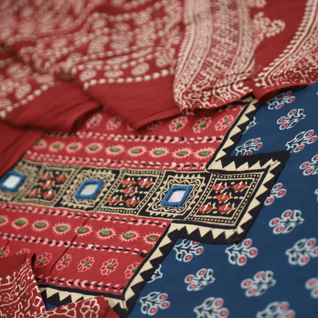 Suhani Denim Blue Mirror Neck Work Yoke  in Ajrak Printed Cotton Suit Set-D2