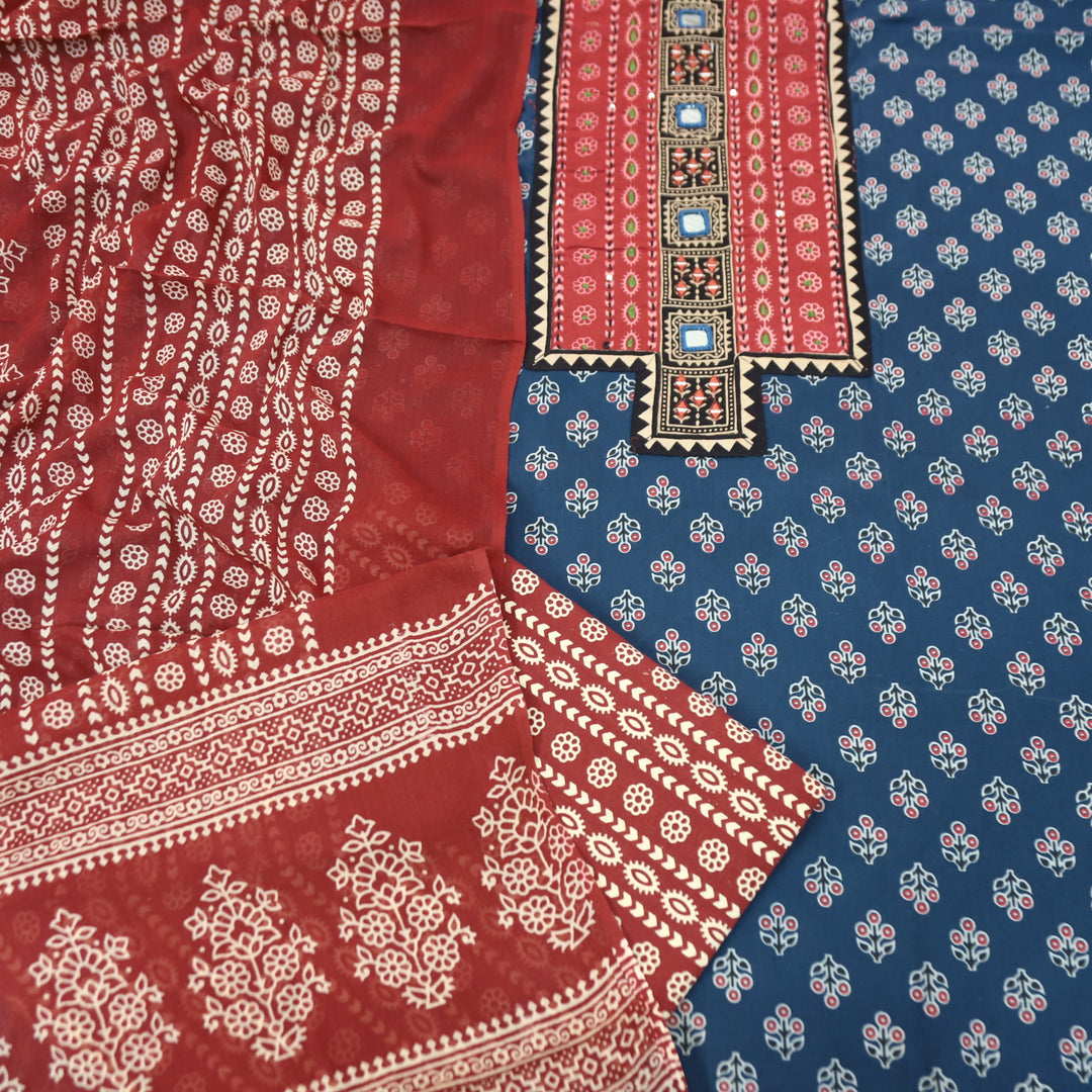 Suhani Denim Blue Mirror Neck Work Yoke  in Ajrak Printed Cotton Suit Set-D2