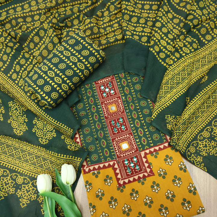 Suhani Turmeric Yellow Mirror Neck Work Yoke  in Ajrak Printed Cotton Suit Set-D2