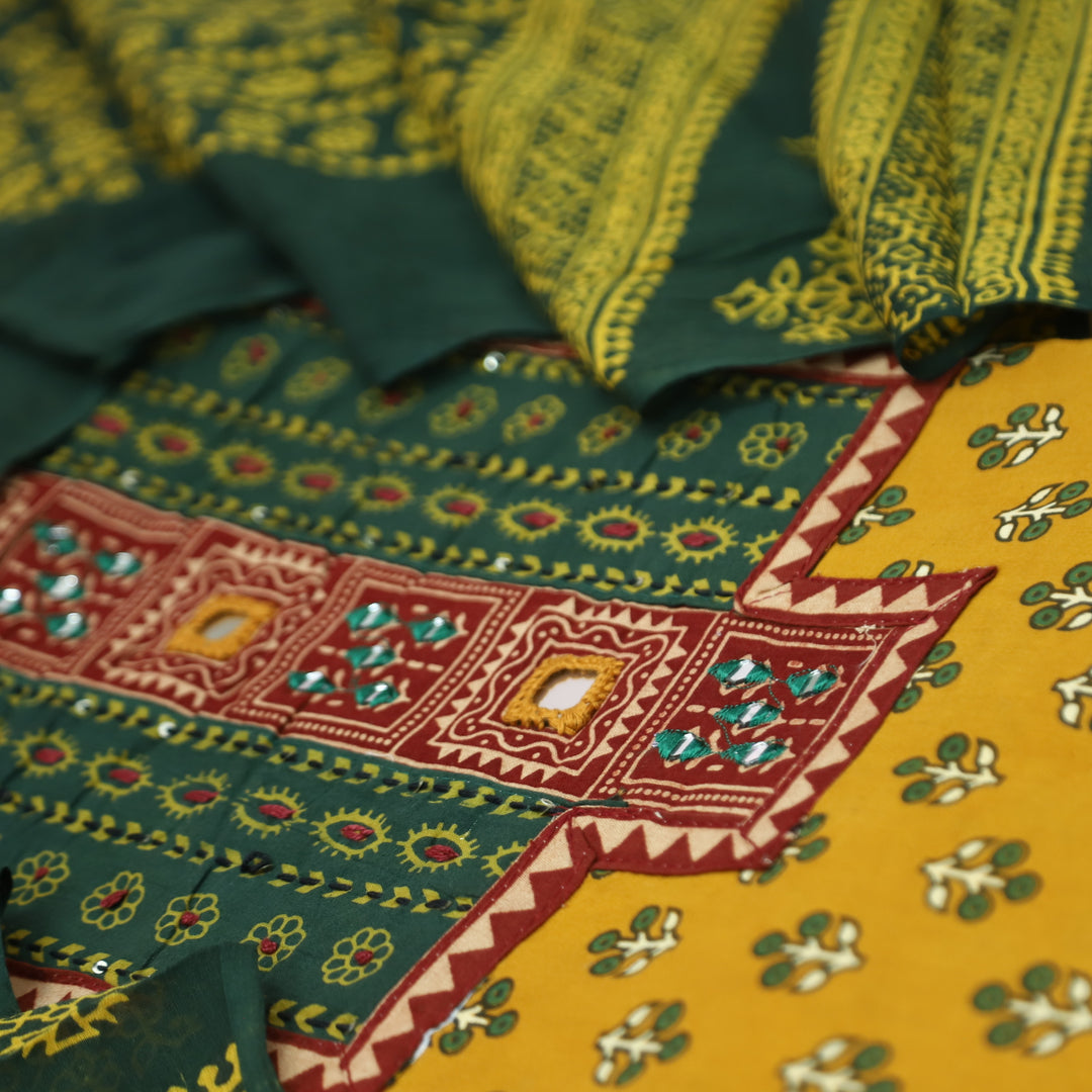 Suhani Turmeric Yellow Mirror Neck Work Yoke  in Ajrak Printed Cotton Suit Set-D2