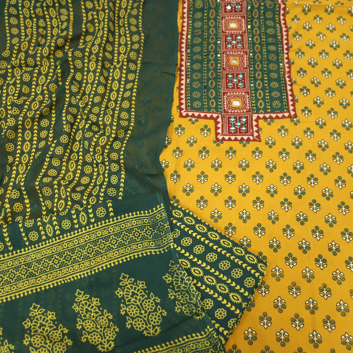 Suhani Turmeric Yellow Mirror Neck Work Yoke  in Ajrak Printed Cotton Suit Set-D2