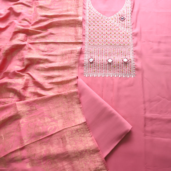 सलामी Blush Pink Embellish Zari Neck Work with Mirror Modal Suit Set