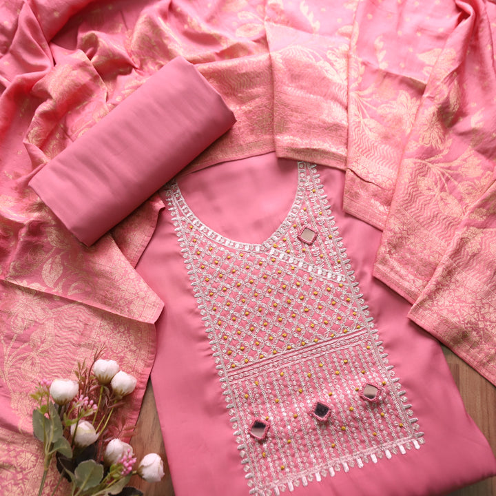 सलामी Blush Pink Embellish Zari Neck Work with Mirror Modal Suit Set