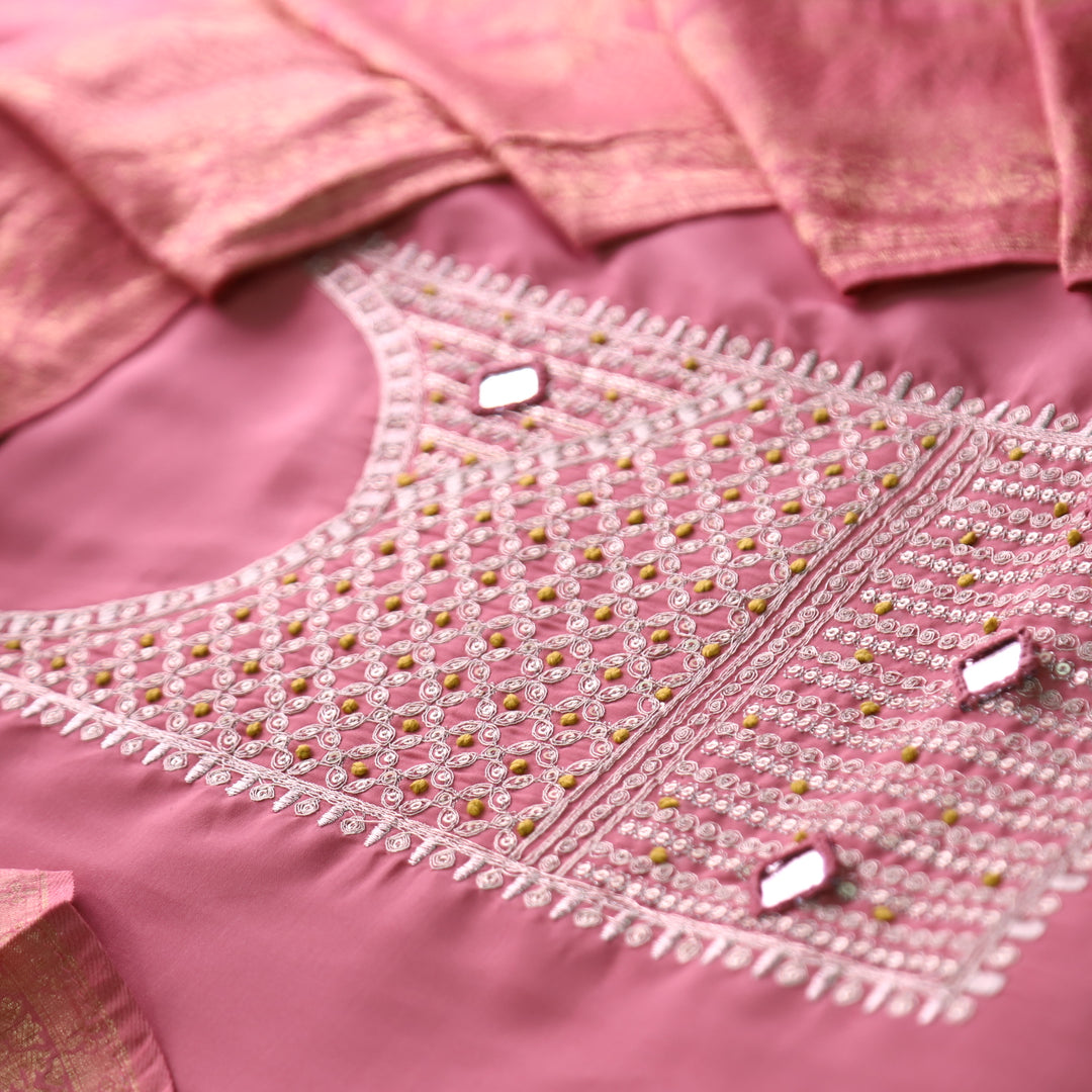 सलामी Blush Pink Embellish Zari Neck Work with Mirror Modal Suit Set