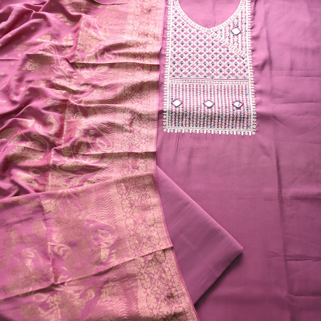 सलामी Orchid Purple Embellish Zari Neck Work with Mirror Modal Suit Set
