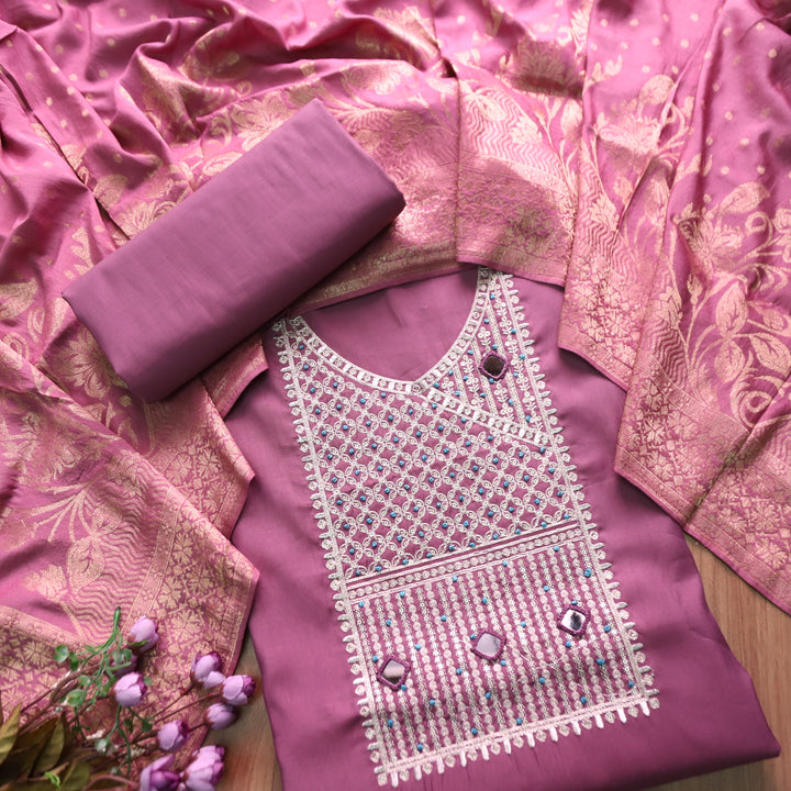 सलामी Orchid Purple Embellish Zari Neck Work with Mirror Modal Suit Set