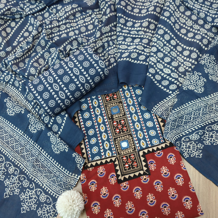 Ruhani Apple Red Mirror Neck Work Yoke in Ajrak Printed Cotton Suit Set-D4