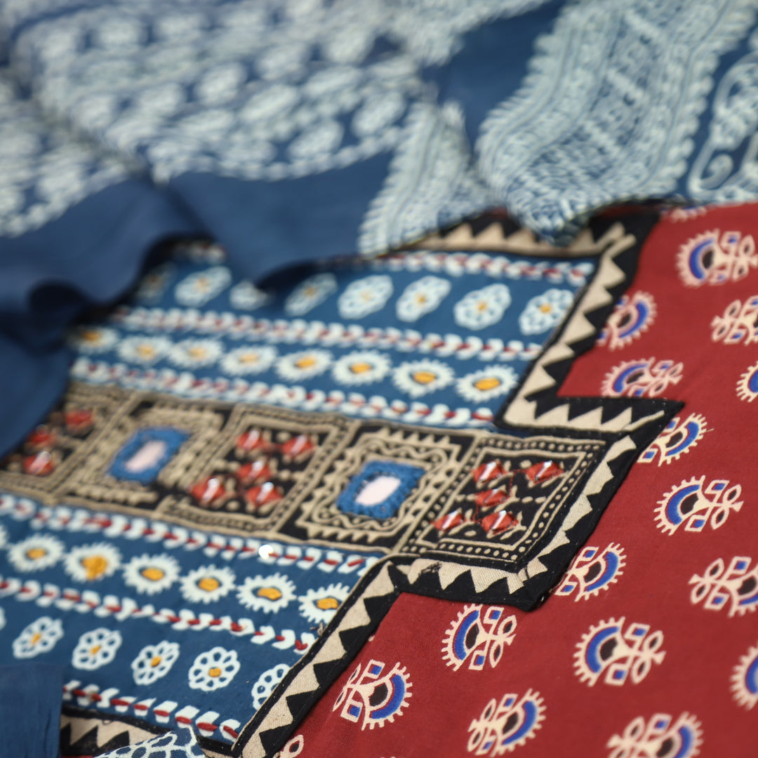 Ruhani Apple Red Mirror Neck Work Yoke in Ajrak Printed Cotton Suit Set-D4
