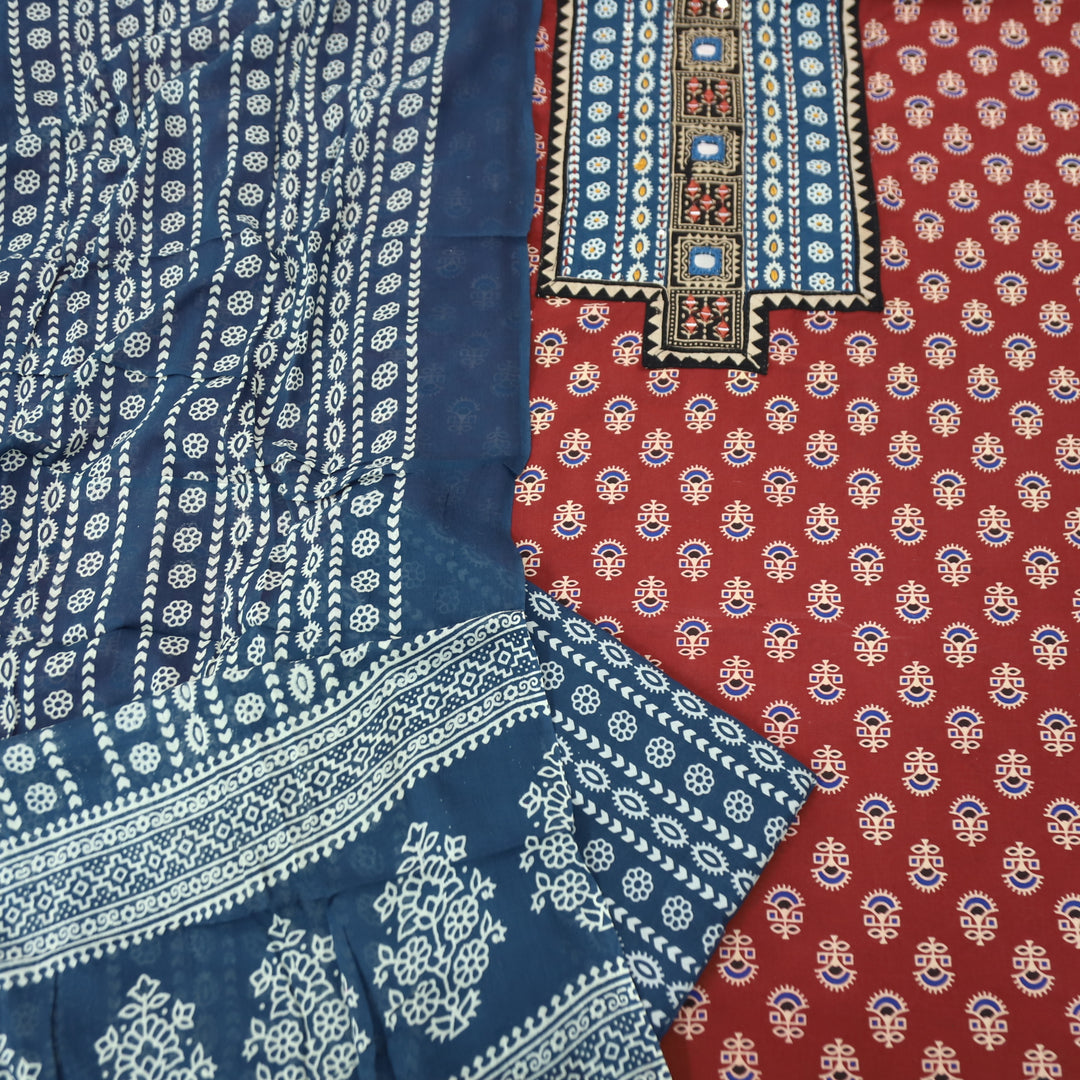 Ruhani Apple Red Mirror Neck Work Yoke in Ajrak Printed Cotton Suit Set-D4
