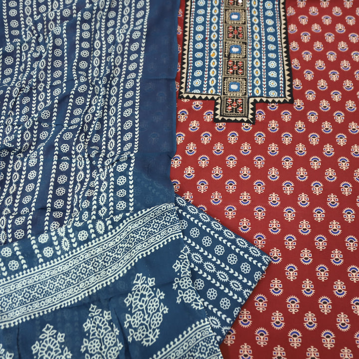 Ruhani Apple Red Mirror Neck Work Yoke in Ajrak Printed Cotton Suit Set-D4