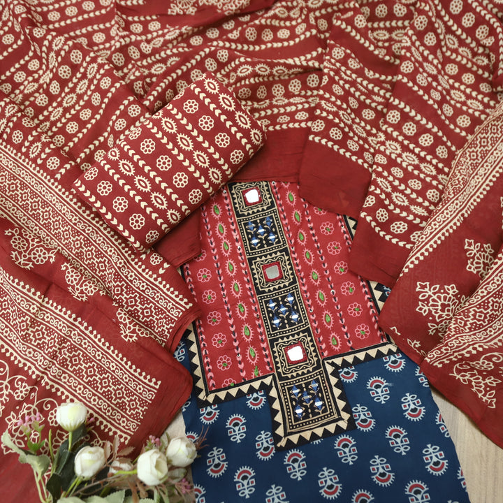 Ruhani Denim Blue Mirror Neck Work Yoke  in Ajrak Printed Cotton Suit Set-D4