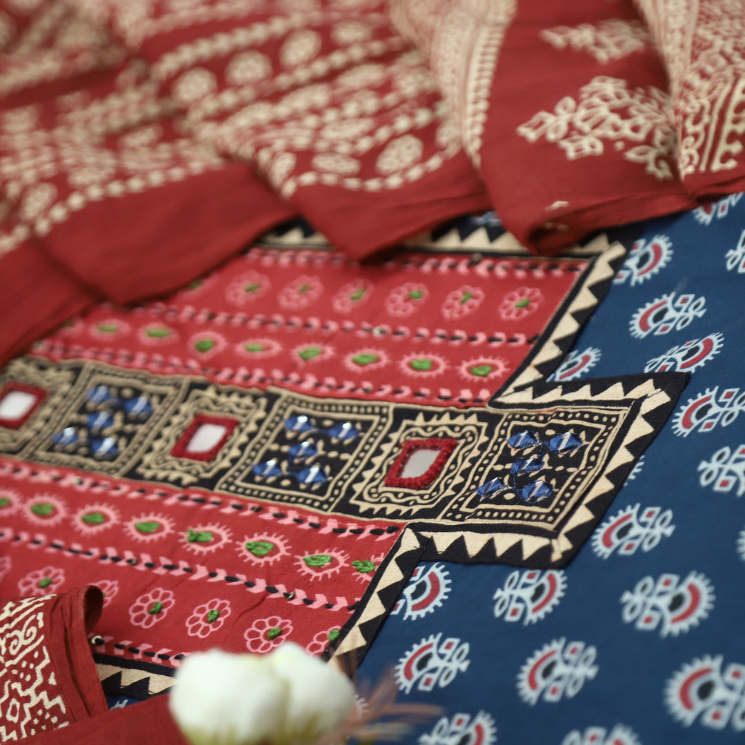 Ruhani Denim Blue Mirror Neck Work Yoke  in Ajrak Printed Cotton Suit Set-D4