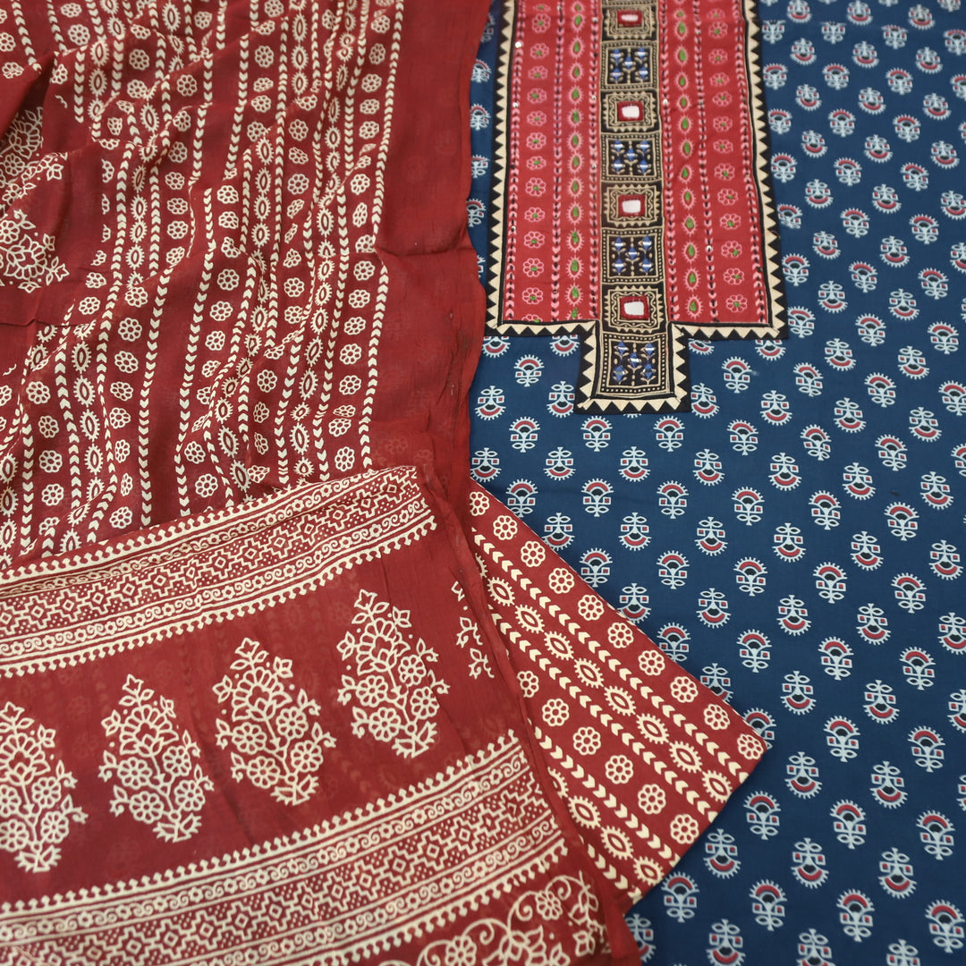 Ruhani Denim Blue Mirror Neck Work Yoke  in Ajrak Printed Cotton Suit Set-D4
