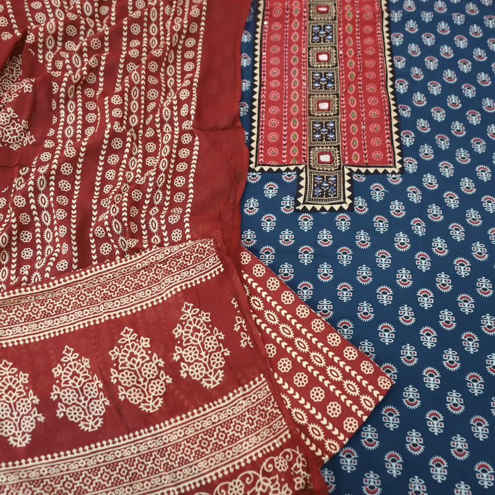 Ruhani Denim Blue Mirror Neck Work Yoke  in Ajrak Printed Cotton Suit Set-D4