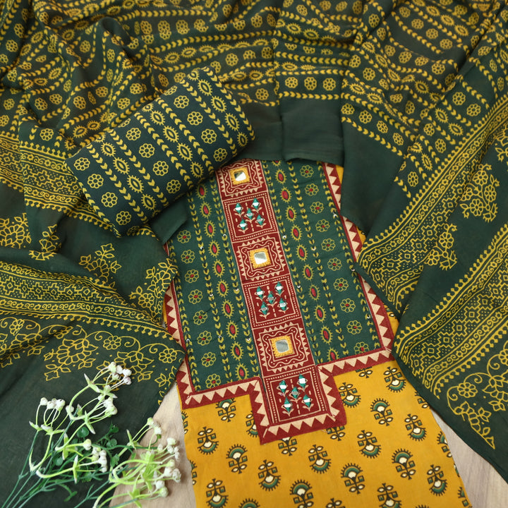 Ruhani Turmeric Yellow Mirror Neck Work Yoke  in Ajrak Printed Cotton Suit Set-D4