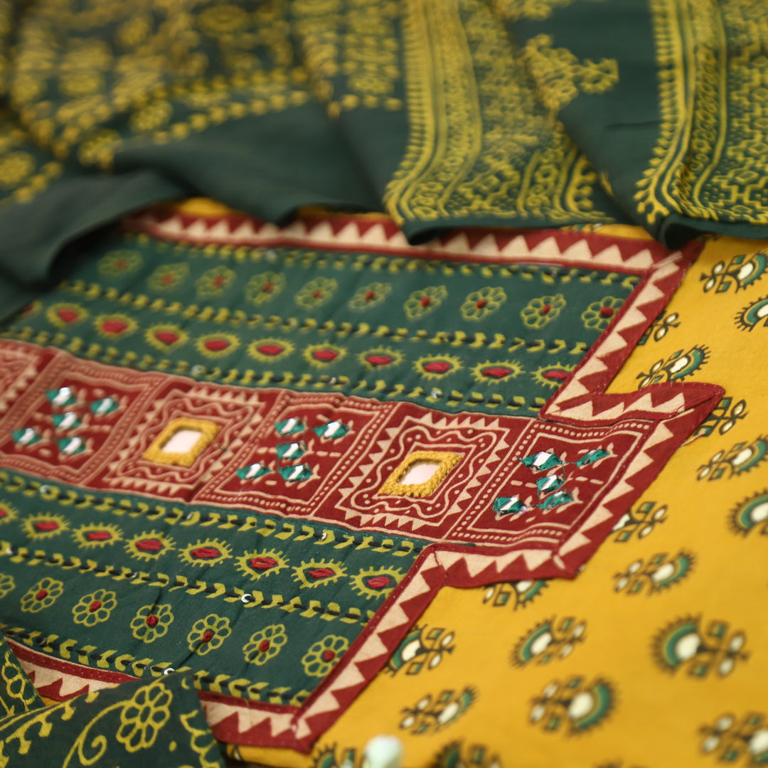 Ruhani Turmeric Yellow Mirror Neck Work Yoke  in Ajrak Printed Cotton Suit Set-D4