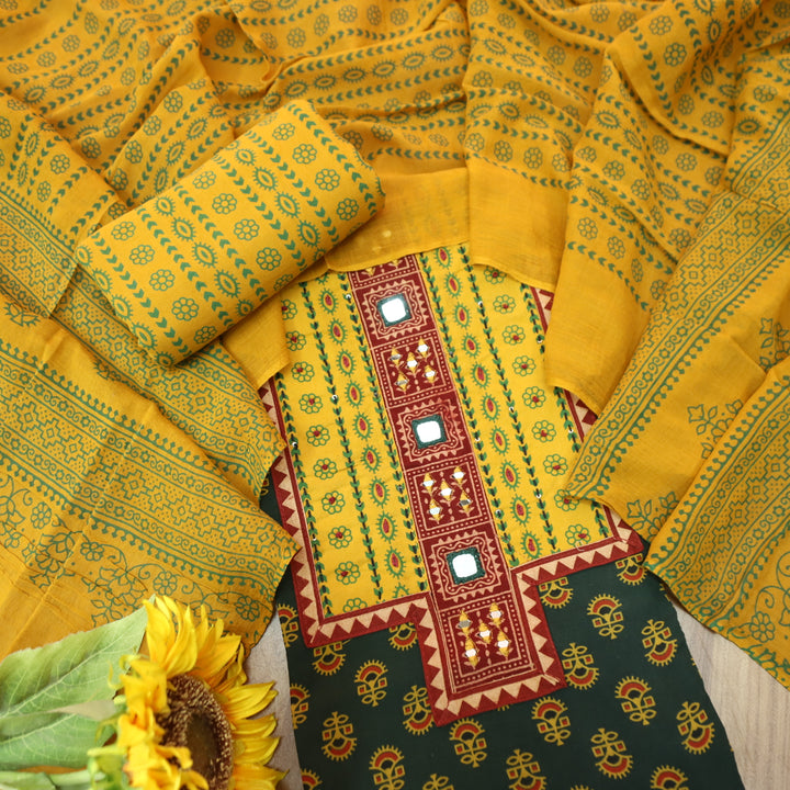 Ruhani Pine Green Mirror Neck Work Yoke in Ajrak Printed Cotton Suit Set-D4