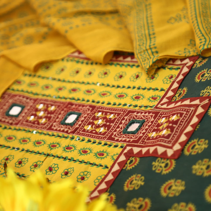Ruhani Pine Green Mirror Neck Work Yoke in Ajrak Printed Cotton Suit Set-D4