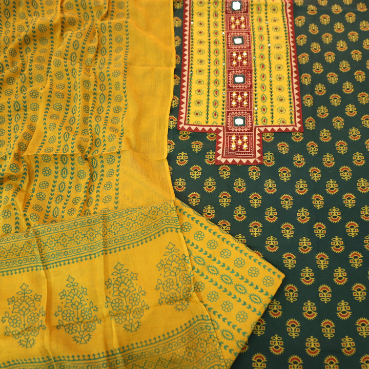 Ruhani Pine Green Mirror Neck Work Yoke in Ajrak Printed Cotton Suit Set-D4