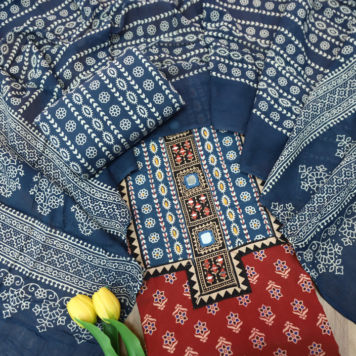 Ruhani Apple Red Mirror Neck Work Yoke in Ajrak Printed Cotton Suit Set-D3