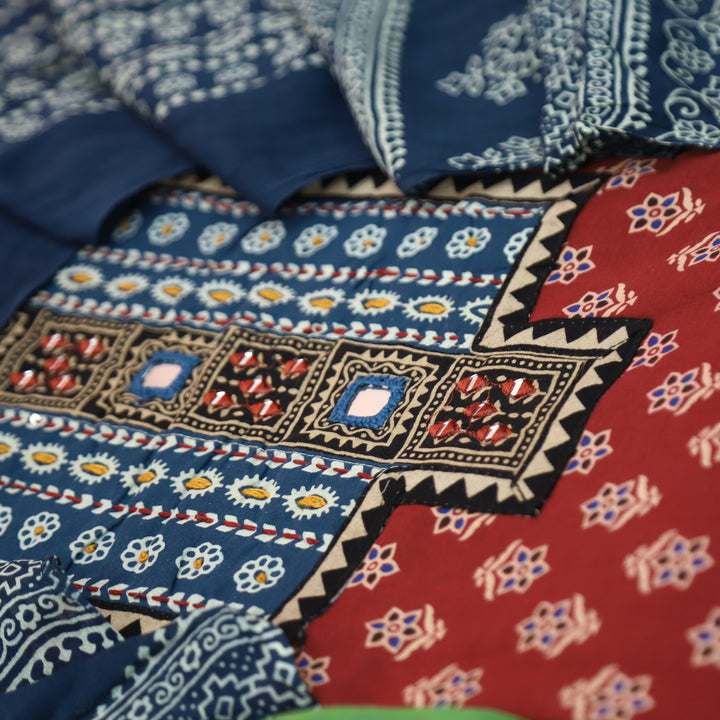 Ruhani Apple Red Mirror Neck Work Yoke in Ajrak Printed Cotton Suit Set-D3