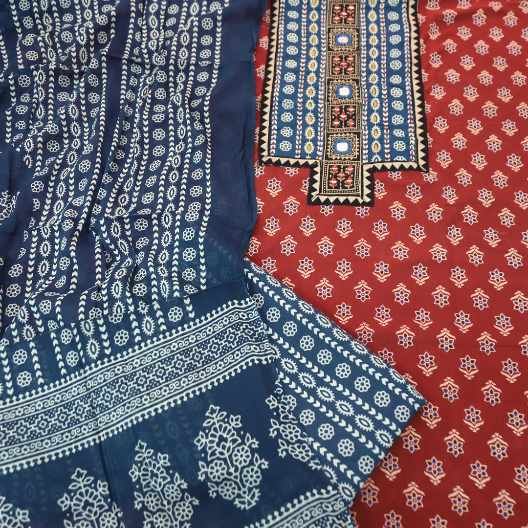 Ruhani Apple Red Mirror Neck Work Yoke in Ajrak Printed Cotton Suit Set-D3