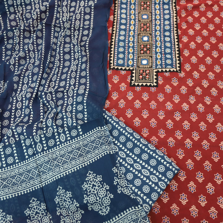 Ruhani Apple Red Mirror Neck Work Yoke in Ajrak Printed Cotton Suit Set-D3