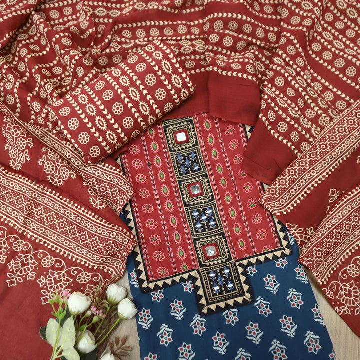 Ruhani Denim Blue Mirror Neck Work Yoke  in Ajrak Printed Cotton Suit Set-D3