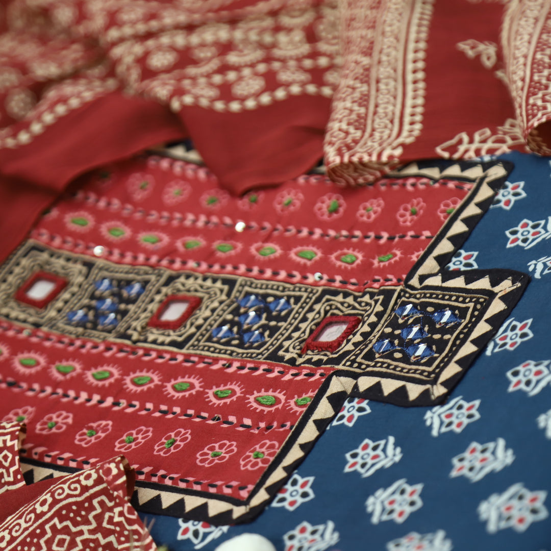Ruhani Denim Blue Mirror Neck Work Yoke  in Ajrak Printed Cotton Suit Set-D3