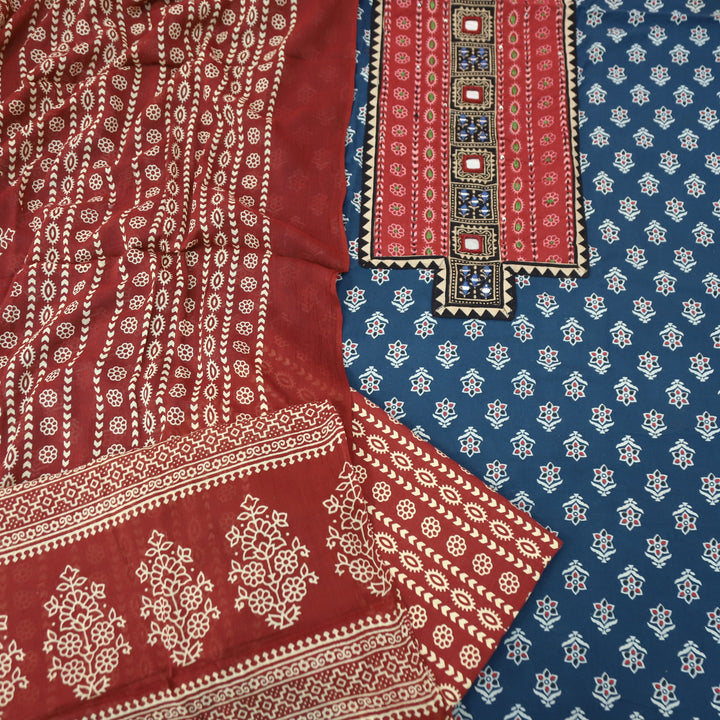 Ruhani Denim Blue Mirror Neck Work Yoke  in Ajrak Printed Cotton Suit Set-D3