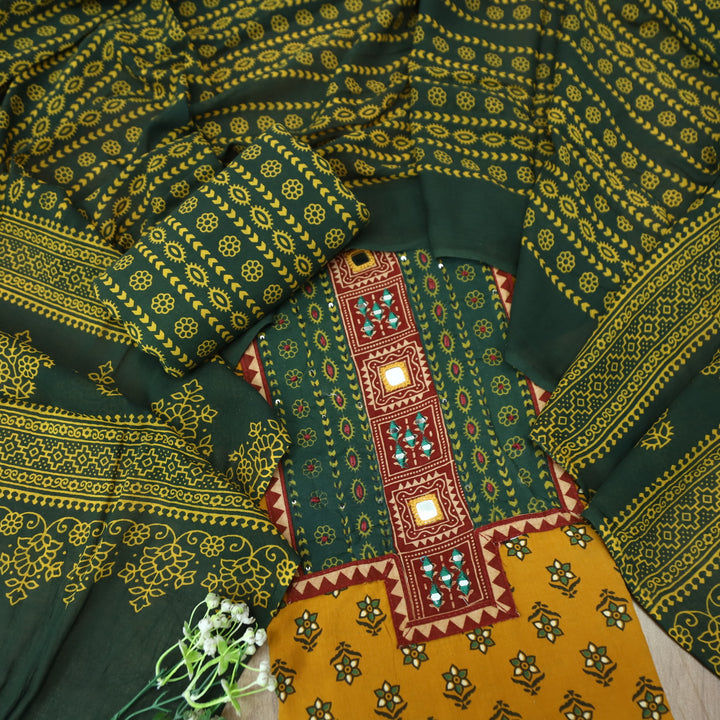 Ruhani Turmeric Yellow Mirror Neck Work Yoke  in Ajrak Printed Cotton Suit Set D3