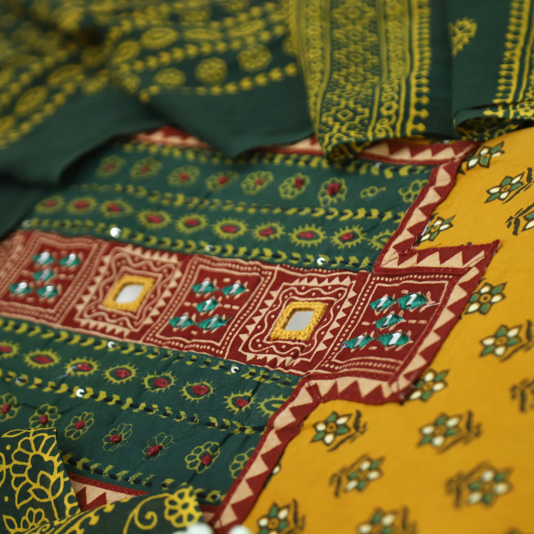 Ruhani Turmeric Yellow Mirror Neck Work Yoke  in Ajrak Printed Cotton Suit Set D3