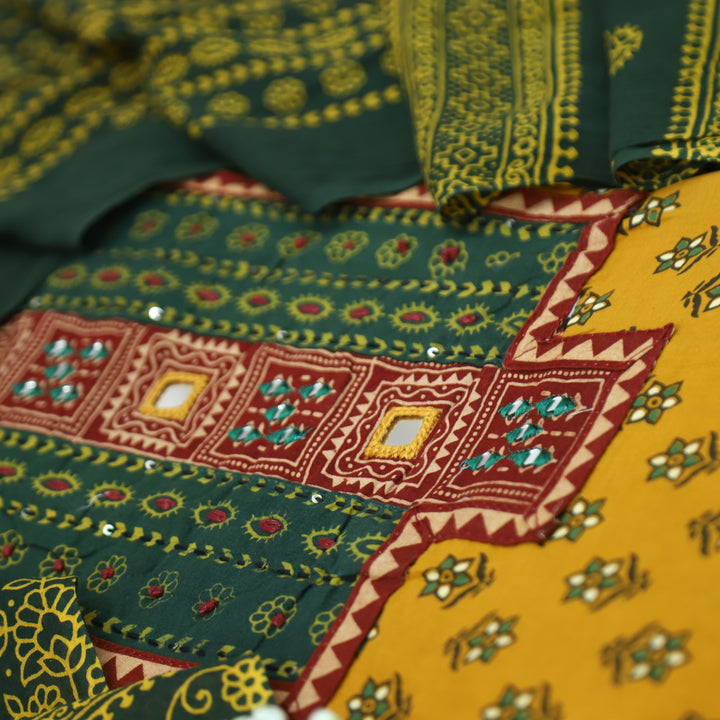 Ruhani Turmeric Yellow Mirror Neck Work Yoke  in Ajrak Printed Cotton Suit Set D3